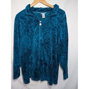 Catherine's Women's Turquoise Velour Track Jacket Sz 1X Paisley Whimsical Fairy